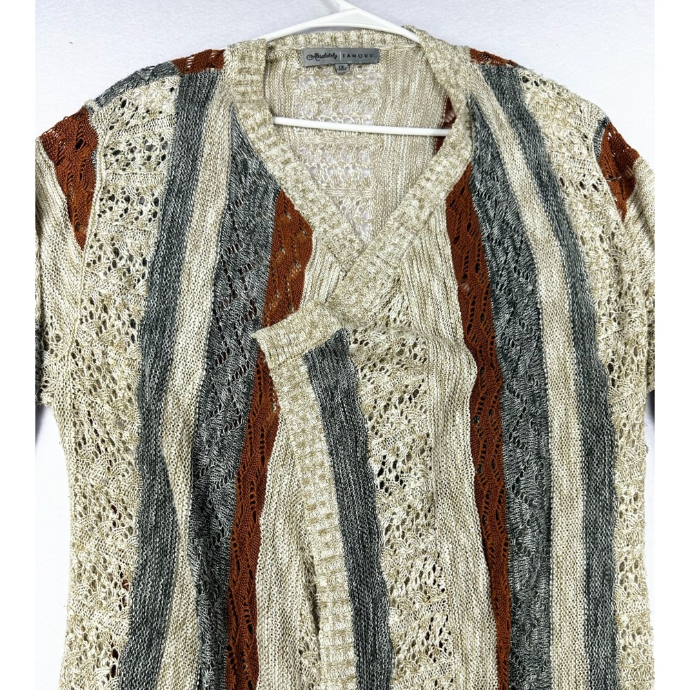 Absolutely Famous Womens 1X Cardigan Sweater Open Front Striped Knit Beige Rust - Picture 11 of 14